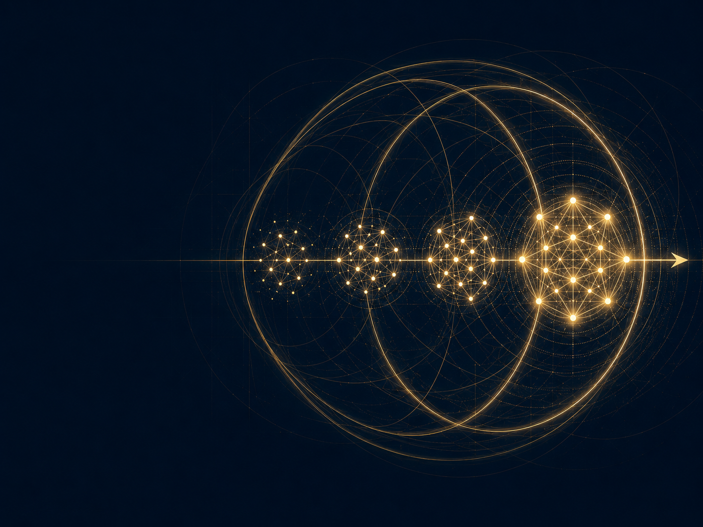 Four knowledge networks grow brighter from founders to future generations inside a golden hypersphere.